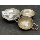 Hallmarked Silver: Tea strainer and bowl, and a small bon bon dish. Weight 4.4oz.