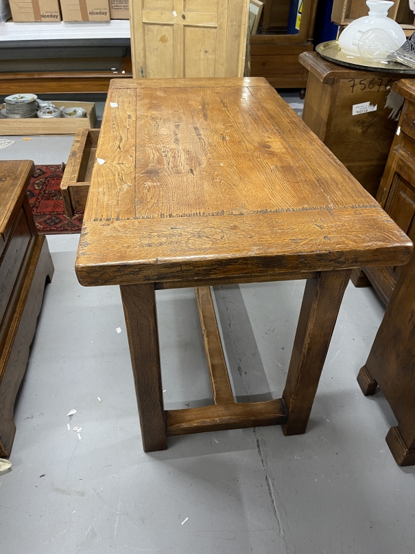 20th cent. Oak small plank top table with cleated ends on square legs joined by an H stretcher, - Image 2 of 2