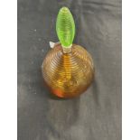 Studio Glass: Bob Crooks b1965. Ribbed glass spiral scent bottle amber, circular base, green