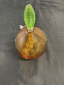 Studio Glass: Bob Crooks b1965. Ribbed glass spiral scent bottle amber, circular base, green