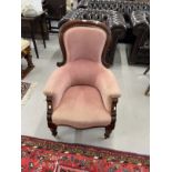 19th/20th cent. Mahogany library chair turned front supports with ceramic castors and plush velvet