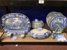 Ceramics: Small blue and white meat plate, miniature plate impressed Hackwood, two tureens, 19th
