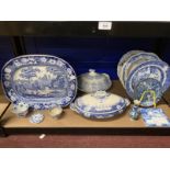 Ceramics: Small blue and white meat plate, miniature plate impressed Hackwood, two tureens, 19th