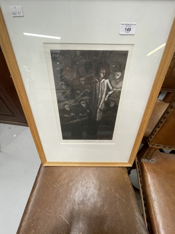 Jessica Gwynne: Etching and aquatint, 'Woman and Judges', 1983, signed and numbered 5 of 50.