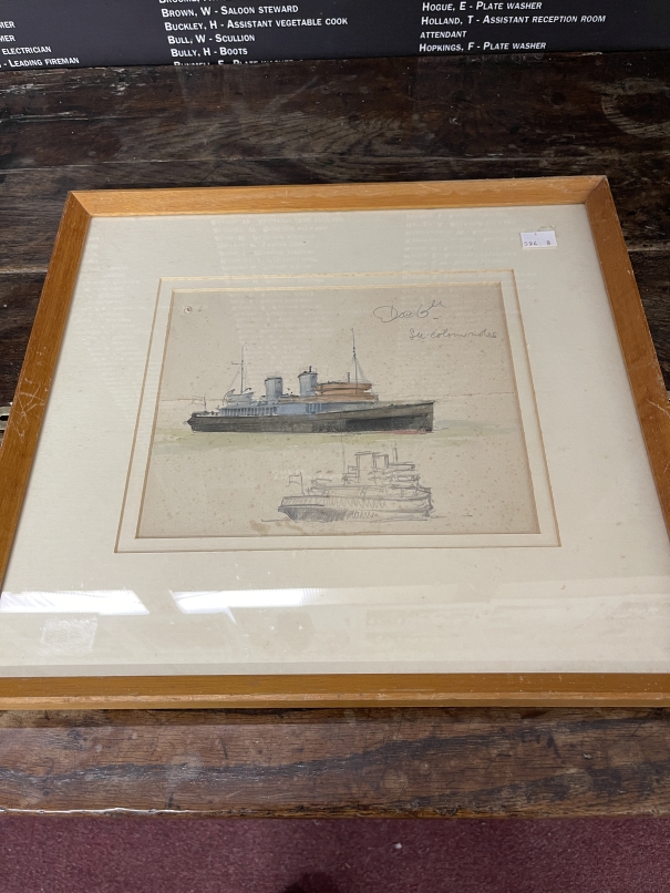 Walter Thomas (1894-1971): Original preliminary sketches, one watercolour of a two funnel liner