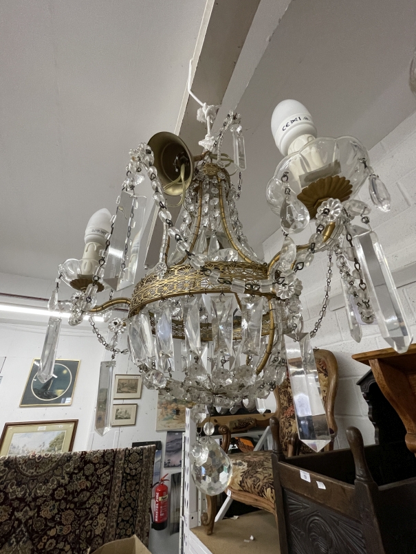 20th cent. Gilt chandeliers, the largest with six shaped branches, glass sconces and drops, 24ins - Bild 5 aus 5