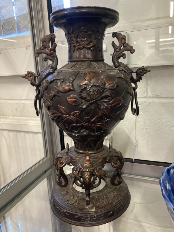 19th/20th cent. Japanese bronzed vase embossed decorated with floral and bird reliefs. Phoenix