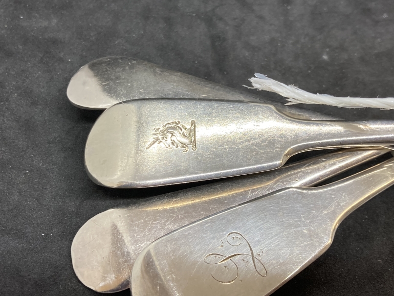 Hallmarked Silver: Four serving spoons, one hallmarked Exeter 1825, one Georgian hallmarked London - Image 2 of 4