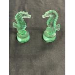 Lalique: Green glass seahorses engraved Lalique R. France to base. 3?ins. (2)