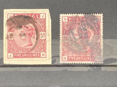 Stamps: 1883-84, SG180 5s colour variations from left to right, rose D-H, crimson H-J, both used,
