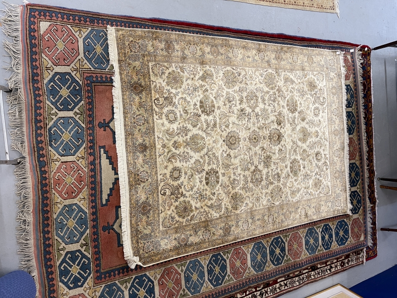 Carpets: Kashmir hand knotted silk carpet, Shahabbas design. 60ins. x 82ins.