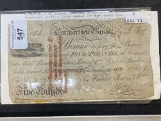 Numismatics: Carmarthan Bank £5 note dated 1828.