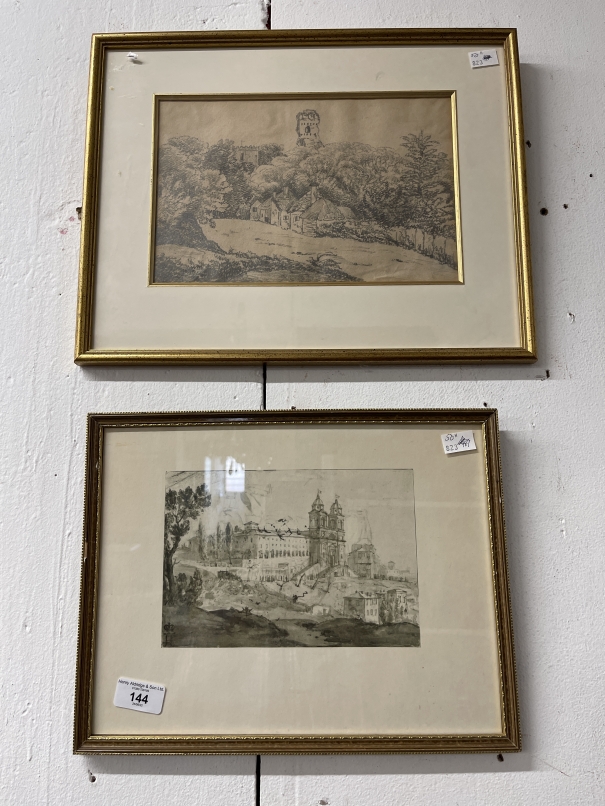 19th cent. Pencil study cottages and ruined tower unsigned, framed and glazed. 15ins. x 12ins. - Image 3 of 3