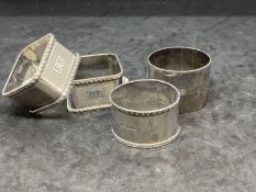 Hallmarked Silver: Four assorted napkin rings. Total weight 4.48oz.