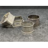 Hallmarked Silver: Four assorted napkin rings. Total weight 4.48oz.