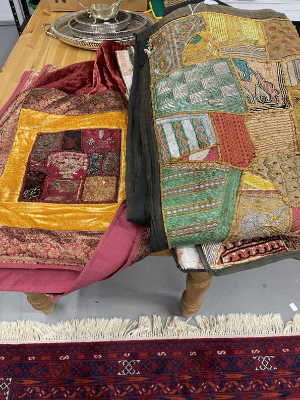 20th cent. Indian bedspread 104ins. x 168ins, Indian patchwork wall hangings x 3, Turkish shoes x - Image 2 of 3