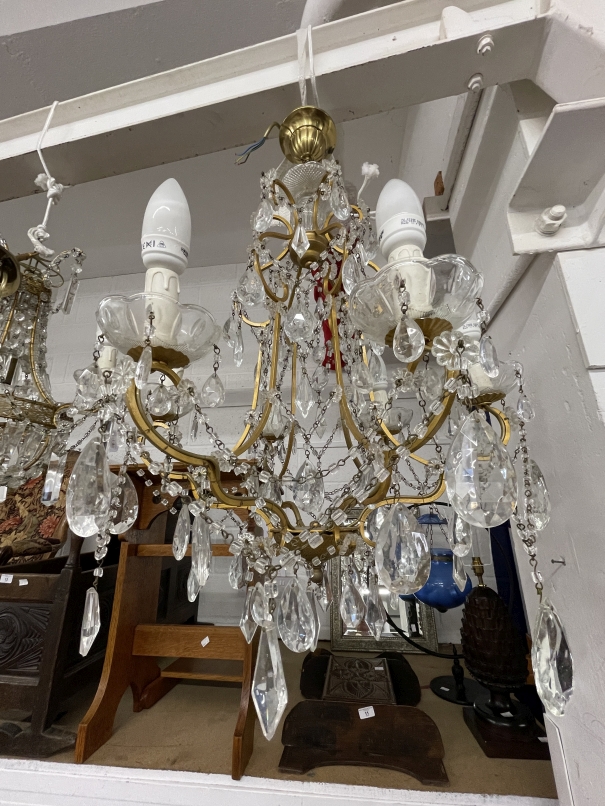 20th cent. Gilt chandeliers, the largest with six shaped branches, glass sconces and drops, 24ins - Bild 2 aus 5