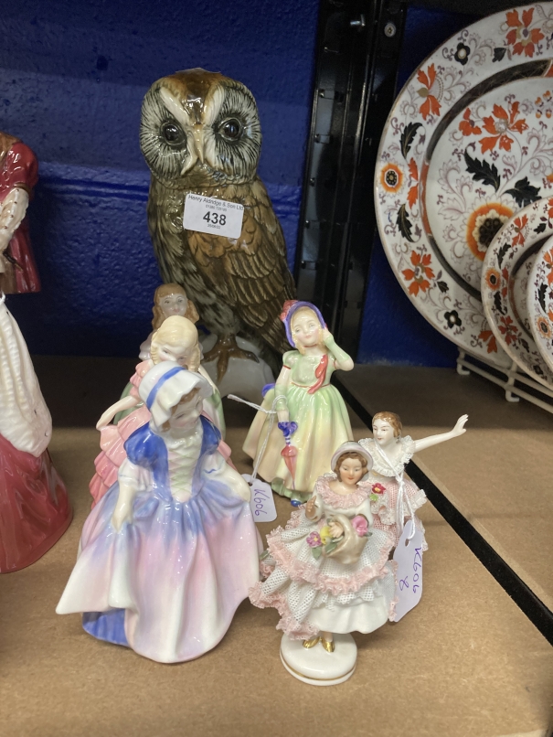 20th cent. Ceramics: Karl Ens Tawny Owl, 9½ins. Plus four Royal Doulton Vanity Fair figurines and