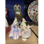 20th cent. Ceramics: Karl Ens Tawny Owl, 9½ins. Plus four Royal Doulton Vanity Fair figurines and