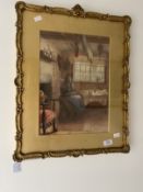 Harold Pollitt: 1896 watercolour, cottage interior lady taking tea in kitchen, signed and dated