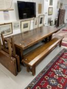 20th cent. Large oak table with extending flaps, the 2¾ins thick top on T base ends joined by a