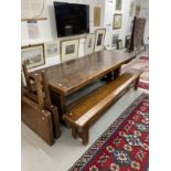 20th cent. Large oak table with extending flaps, the 2¾ins thick top on T base ends joined by a