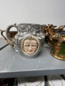 19th cent. Ceramics: Silver lustre ware Sunderland jug with moulded masks, possibly prize