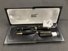 Pens: Mont Blanc black and gilt cased fountain pen, pencil and spare leads.