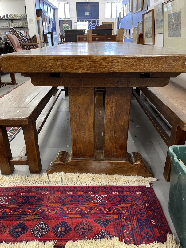 20th cent. Large oak table with extending flaps, the 2¾ins thick top on T base ends joined by a - Image 2 of 4