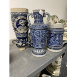 Late 19th/early 20th cent. German salt glaze blue pottery boot, two handled vase, both impressed