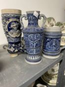 Late 19th/early 20th cent. German salt glaze blue pottery boot, two handled vase, both impressed