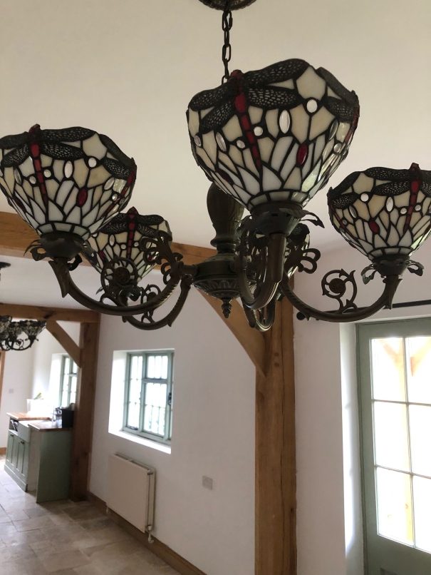 20th cent. Lighting: Tiffany style ceiling lights with shades decorated with dragonflies, in whites, - Image 2 of 2