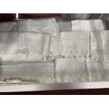 Textiles: Bed linen, fine cotton sheets, embroidered bed cover/tablecloth, full edge pillowcases,