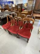 Late 19th cent. Aesthetic mahogany set of six dining chairs with pierced splat backs on turned