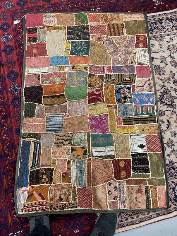 20th cent. Indian bedspread 104ins. x 168ins, Indian patchwork wall hangings x 3, Turkish shoes x - Image 3 of 3