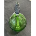 Studio Glass: Bob Crooks b1965. Ribbed glass spiral scent bottle green, circular base, blue stopper,