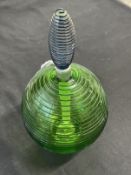 Studio Glass: Bob Crooks b1965. Ribbed glass spiral scent bottle green, circular base, blue stopper,