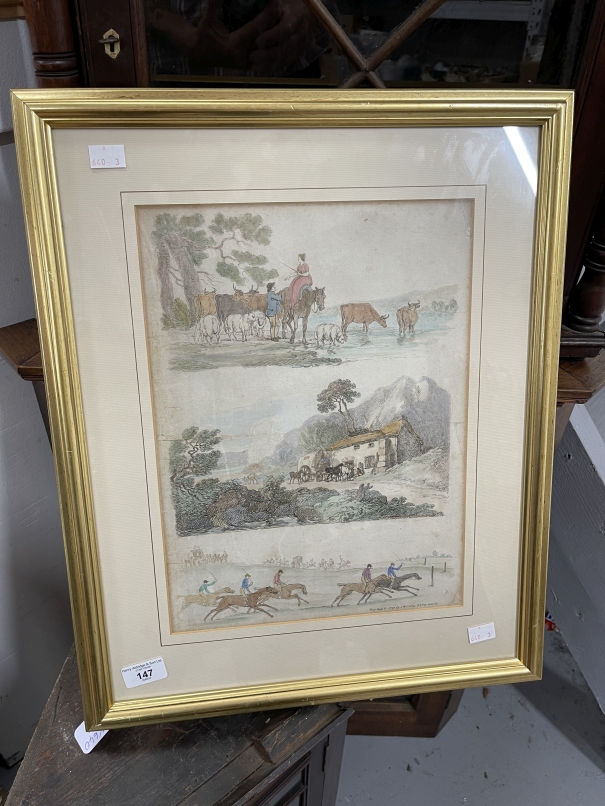 18th cent. Engraving of pastoral scenes and horse racing. Published August 6th 1970 by J.N. Fores,