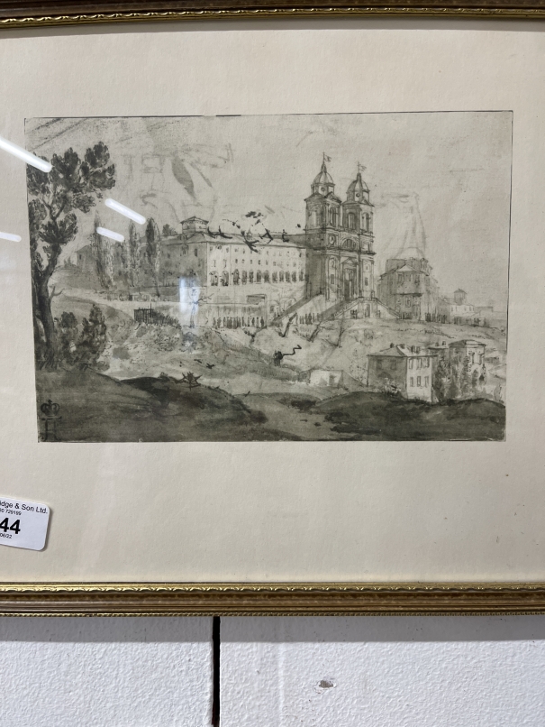 19th cent. Pencil study cottages and ruined tower unsigned, framed and glazed. 15ins. x 12ins. - Image 2 of 3
