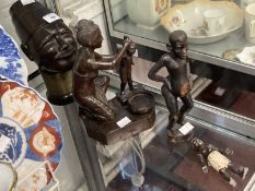 Treen/African: Carved busts and figures plus cast figure of a black boy. 5ins.