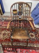 19th cent. Windsor chair in yew wood with elm seat stamped Nicholson of Rockley, on turned legs