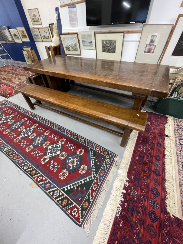 20th cent. Large oak table with extending flaps, the 2¾ins thick top on T base ends joined by a - Image 4 of 4