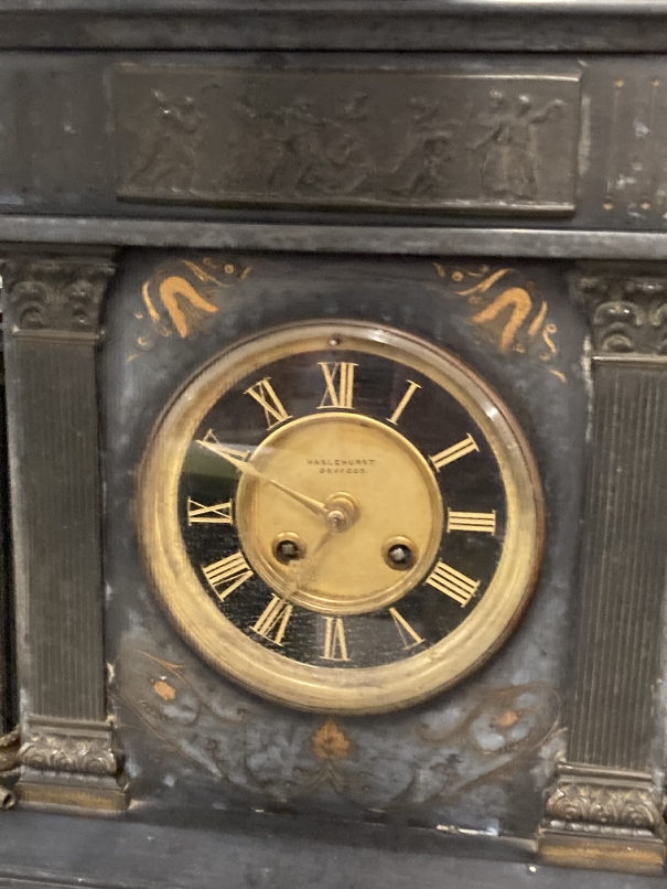Clocks: 19th cent. Slate mantel clock retailed by Haslehurst of Devizes with stylised Neo- - Image 2 of 2