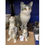 20th cent. Ceramics: Winstanley cats, grey tabby mother cat seated pose, begging kitten and seated
