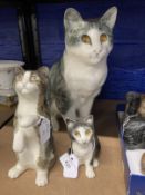 20th cent. Ceramics: Winstanley cats, grey tabby mother cat seated pose, begging kitten and seated