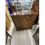 19th cent. Mahogany chest of drawers five over three, with hat drawer with brass furniture, on
