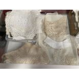Textiles: Handmade lace dressing table mats, tea table cloths with handmade lace borders, lace