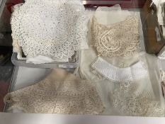 Textiles: Handmade lace dressing table mats, tea table cloths with handmade lace borders, lace