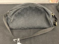Fashion Handbags: Gucci black canvas pochette, half moon shape, shoulder strap, leather Gucci