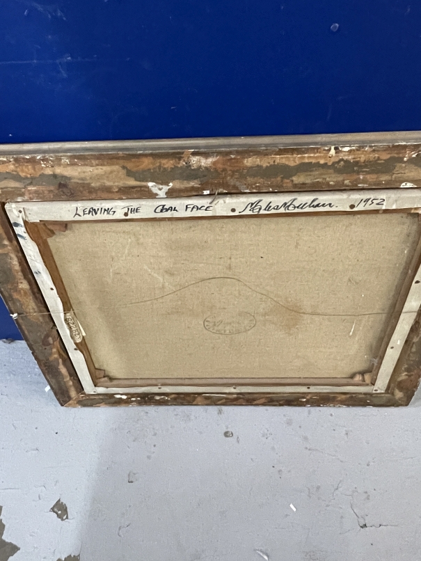 Miles Meehan F.R.S.A: British 20th cent. Oil on canvas 'Leaving the Coal Face', signed and dated - Image 2 of 2